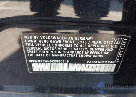 2012 Volkswagen Cc R-Line from USA, damaged, VIN WVWMP7AN6CE550715